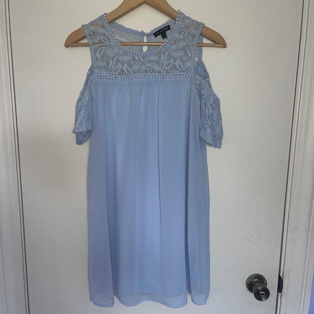 As U Wish Summer Baby Blue Lace Top Cut Out Sleeves Babydoll Dress - Picture 1 of 6